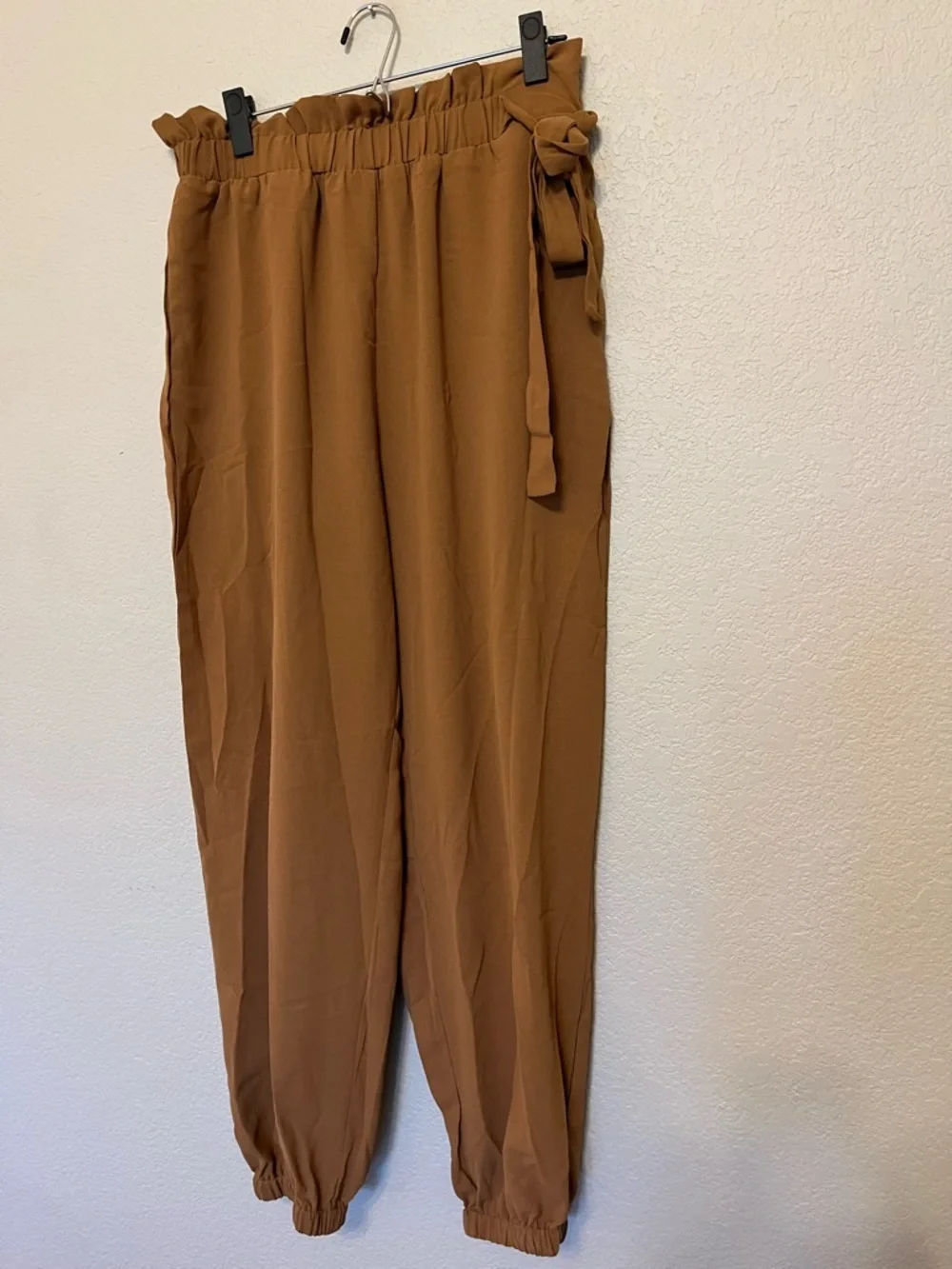 NWT Cupshe Brown Elastic Pants Side Bow-Knot Tie Tapered Legs Size Large